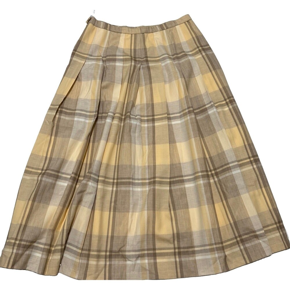 VTG Pendleton Women’s Plaid Pleated Wool Midi Skirt 14 Beige Tan Cottagecore